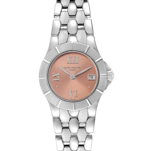 This image shows a front view of the Patek Philippe Neptune 4880/1A Women's Stainless Steel White Dial 4880/1A Women's Stainless Steel White Dial model watch, showcasing its dial, bracelet, and date window.