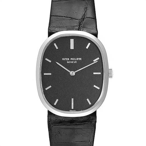 The image shows a front view of the Patek Philippe Golden Ellipse 3548 Women's White Gold Black Dial 3548 Women's White Gold Black Dial watch, displaying its face, dial, and strap.