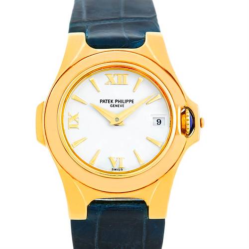 The image shows a front view of the 18k Yellow Gold Patek Philippe 4890 Women's Yellow Gold White Dial 4890 Women's Yellow Gold White Dial Ladies Watch, model 4890, featuring a white dial and black leather strap.