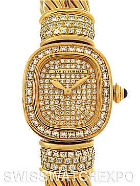 This image shows a front angle view of the David Yurman Women's Yellow Gold  Women's Yellow Gold  Chelsea Cable 18K Yellow Gold 2.25 ct Diamond Watch, highlighting the dial and band.