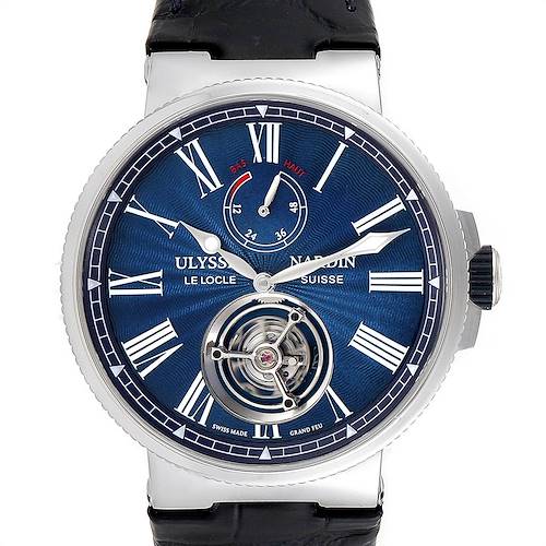 The image shows a close-up, front view of the Ulysse Nardin Marine 1283-181/E3 Men's Stainless Steel Blue Dial 1283-181/E3 Men's Stainless Steel Blue Dial watch, highlighting its blue dial, Roman numerals, and intricate mechanisms.