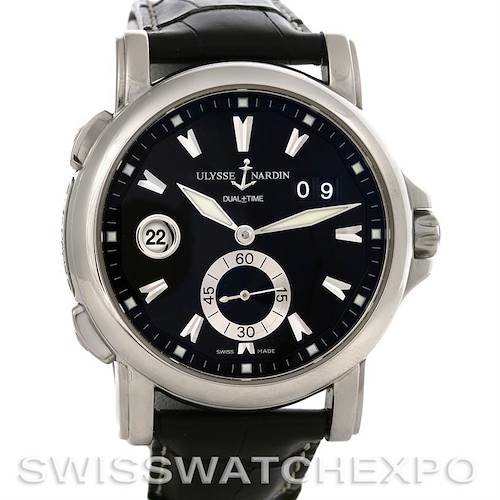 This image shows a front view of the Ulysse Nardin 243-55/92 Men's Stainless Steel Black Dial 243-55/92 Men's Stainless Steel Black Dial 243-55/92 GMT Big Date 42mm Men's Watch, highlighting the dial and strap.