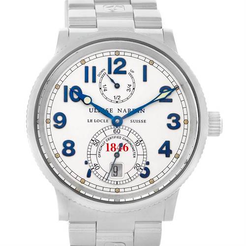 The image shows a front view of the Ulysse Nardin Marine 263 - 22 Men's Stainless Steel Silver Dial 263 - 22 Men's Stainless Steel Silver Dial model watch, with its dial, hands, and bracelet visible.