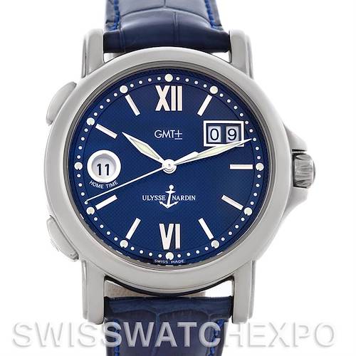 The image shows a front view of the Ulysse Nardin 223-88-7 Men's Stainless Steel Blue Dial 223-88-7 Men's Stainless Steel Blue Dial 223-88 GMT Big Date 40mm Men's Watch, highlighting its blue dial, big date display, and leather strap.