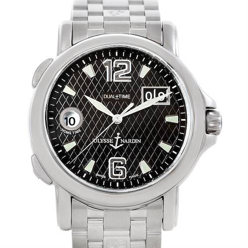 The Ulysse Nardin 2238862 Men's Stainless Steel Black Dial 2238862 Men's Stainless Steel Black Dial Dual Time Big Date Mens Watch 2238862 is shown from the front, displaying its dial, bracelet, and side crown.
