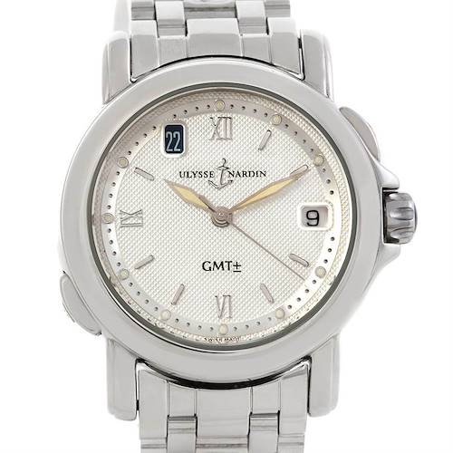 The image shows a front view of the dial and bracelet of the Ulysse Nardin 203-22 Men's Stainless Steel Silver Dial 203-22 Men's Stainless Steel Silver Dial San Marco GMT Men's Watch 203-22.