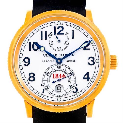 The Ulysse Nardin Marine 261-77-3 Men's Yellow Gold Silver Dial 261-77-3 Men's Yellow Gold Silver Dial model watch is shown from a front angle, highlighting its dial, hands, and power reserve indicator.