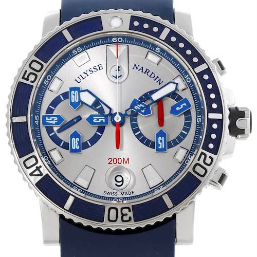 This image shows the front view of the Ulysse Nardin Diver 8003-102 Men's Titanium Silver Dial 8003-102 Men's Titanium Silver Dial watch, displaying its bezel, dial, subdials, and date window.
