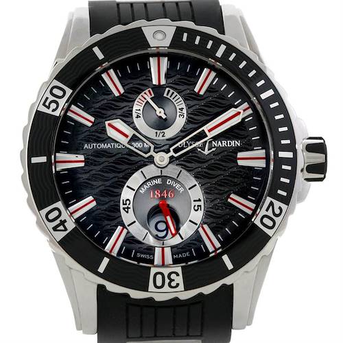 The image shows a front view of a Ulysse Nardin Diver 263-10-3-92 Men's Stainless Steel Black Dial 263-10-3-92 Men's Stainless Steel Black Dial model watch, highlighting its dial, bezel, and strap.