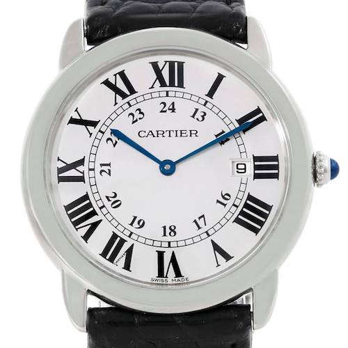 The image shows a close-up frontal view of the Cartier Ronde W6700255 Stainless Steel Silver Dial W6700255 Stainless Steel Silver Dial model watch displaying its face, hour markers, and part of the leather strap.