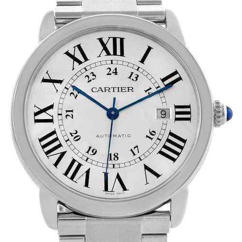The Cartier Ronde W6701011 Men's Stainless Steel Silver Dial W6701011 Men's Stainless Steel Silver Dial model watch is shown from the front, displaying its dial, bezel, and part of the bracelet.