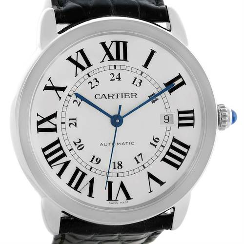 The image shows a front view of the Cartier Ronde W6701010 Men's Stainless Steel Silver Dial W6701010 Men's Stainless Steel Silver Dial model watch, displaying its face, hour markers, and blue hands.