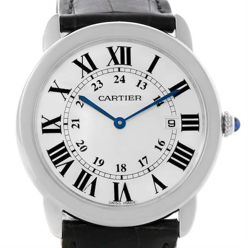 The image shows a Ronde model by Cartier from the front, highlighting its dial, hands, and part of the strap.