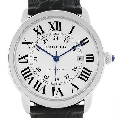 The image shows a front view of a Cartier Ronde W6701010 Men's Stainless Steel Silver Dial W6701010 Men's Stainless Steel Silver Dial watch, featuring its dial, hands, and crown with a visible strap.
