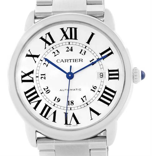 The image shows a front view of the Cartier Ronde W6701011 Men's Stainless Steel Silver Dial W6701011 Men's Stainless Steel Silver Dial model watch, displaying its face, dial, and part of the metal bracelet.