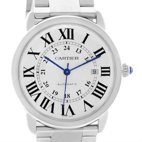 The image shows a front view of the Cartier Ronde W6701011 Men's Stainless Steel Silver Dial W6701011 Men's Stainless Steel Silver Dial model watch, highlighting the dial, hands, and bracelet.