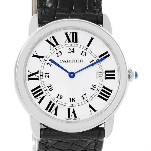The image shows a frontal view of the Cartier Ronde W6700255 Men's Stainless Steel Silver Dial W6700255 Men's Stainless Steel Silver Dial watch, displaying the face, Roman numerals, blue hands, date window, and black leather strap.