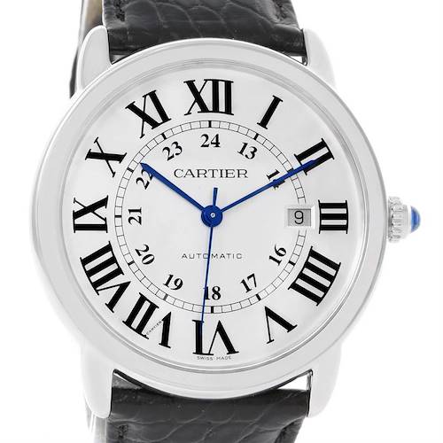 This image shows a frontal view of the Cartier Ronde W6701010 Men's Stainless Steel Silver Dial W6701010 Men's Stainless Steel Silver Dial model watch with Roman numerals, date display, and leather strap.