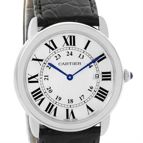 The image shows a front view of a Cartier Ronde W6700255 Stainless Steel Silver Dial W6700255 Stainless Steel Silver Dial watch with a black leather strap and a white dial featuring Roman numerals.