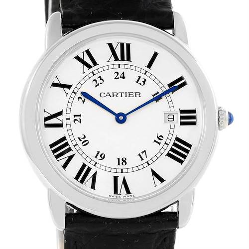 This image displays a frontal view of the Cartier Ronde W6700255 Stainless Steel Silver Dial W6700255 Stainless Steel Silver Dial model watch, showcasing the dial, case, and part of the leather strap.