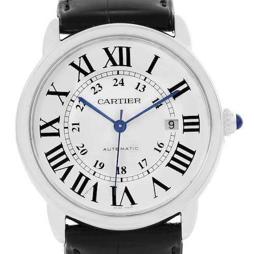 This image shows a front view of the Cartier Ronde W6701010 Men's Stainless Steel Silver Dial W6701010 Men's Stainless Steel Silver Dial watch, displaying its dial, Roman numerals, and date window.