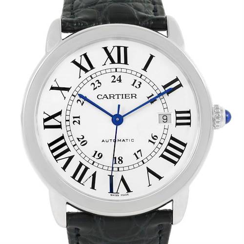 The image shows a front view of the Cartier Ronde W6701010 Men's Stainless Steel Silver Dial W6701010 Men's Stainless Steel Silver Dial watch, displaying its face, Roman numerals, hands, and part of the strap.
