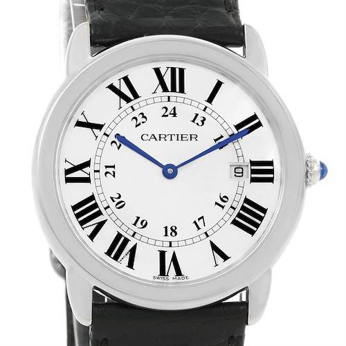 This image shows a frontal view of the Cartier Ronde W6700255 Stainless Steel Silver Dial W6700255 Stainless Steel Silver Dial watch, highlighting its face, hands, and straps.