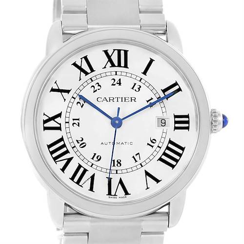 This image shows the face and partial bracelet of the Cartier Ronde W6701011 Men's Stainless Steel Silver Dial W6701011 Men's Stainless Steel Silver Dial watch, featuring Roman numerals and a date window at 3 o'clock.