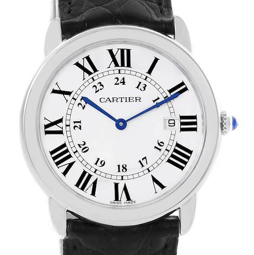 The image shows a frontal view of a Cartier Ronde W6700255 Stainless Steel Silver Dial W6700255 Stainless Steel Silver Dial watch, displaying its dial, hands, and part of the leather strap.