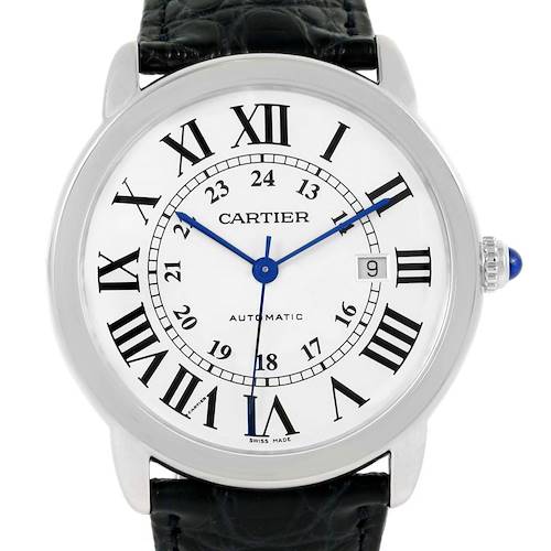 This image shows a Cartier Ronde W6701010 Men's Stainless Steel Silver Dial W6701010 Men's Stainless Steel Silver Dial watch from a front angle, highlighting its face, Roman numerals, date window, and strap.