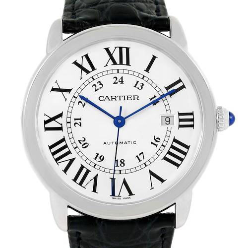 The image shows a front view of the Cartier Ronde W6701010 Men's Stainless Steel Silver Dial W6701010 Men's Stainless Steel Silver Dial model watch, displaying the face, Roman numerals, and part of the black strap.