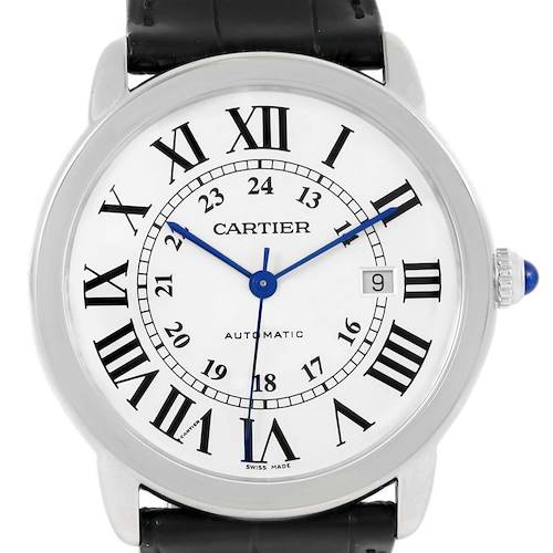 This image shows a front view of the Cartier Ronde W6701010 Men's Stainless Steel Silver Dial W6701010 Men's Stainless Steel Silver Dial model watch, displaying the dial, Roman numerals, hands, date window, and part of the leather strap.