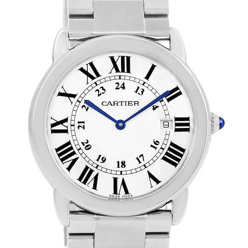 This image shows a front view of the Cartier Ronde W6701005 Men's Stainless Steel Silver Dial W6701005 Men's Stainless Steel Silver Dial watch, highlighting its face, dial, hands, and part of the bracelet.