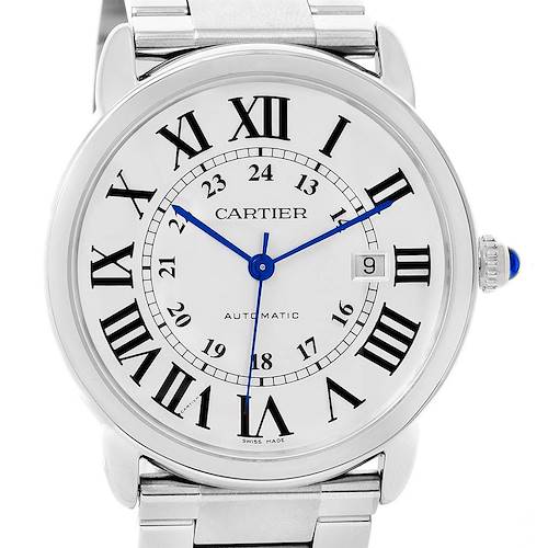 The image shows a frontal view of a Cartier Ronde W6701011 Men's Stainless Steel Silver Dial W6701011 Men's Stainless Steel Silver Dial model watch, highlighting the dial, hands, crown, and part of the bracelet.
