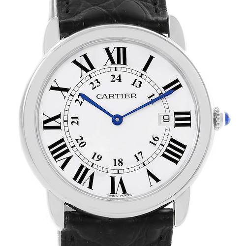 This image displays the full face of the Cartier Ronde W6700255 Stainless Steel Silver Dial W6700255 Stainless Steel Silver Dial watch, highlighting its Roman numeral dial and date window.