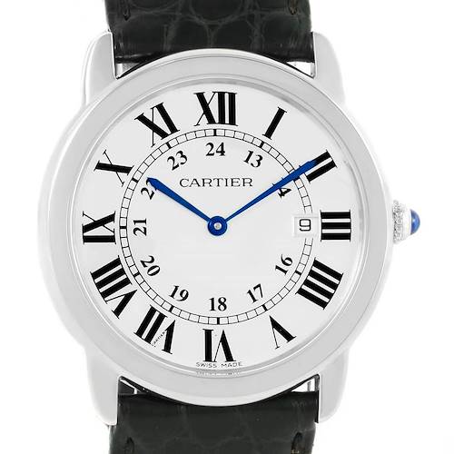 This image shows a front view of the Cartier Ronde W6700255 Stainless Steel Silver Dial W6700255 Stainless Steel Silver Dial watch, featuring a white dial, Roman numerals, blue hands, and a black leather strap.