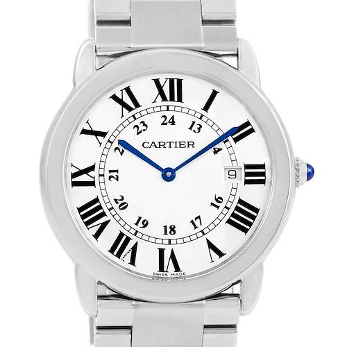 This image shows a front view of the Cartier Ronde W6701005 Stainless Steel Silver Dial W6701005 Stainless Steel Silver Dial watch, displaying its Roman numeral dial and metal bracelet.