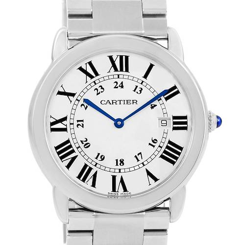 The image shows a front view of the Cartier Ronde W6701005 Stainless Steel Silver Dial W6701005 Stainless Steel Silver Dial watch, highlighting its face, hands, bezel, and part of the bracelet.