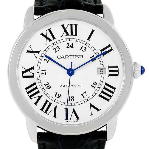 The image shows a front view of a Cartier Ronde W6701010 Men's Stainless Steel Silver Dial W6701010 Men's Stainless Steel Silver Dial watch, featuring Roman numerals, blue hands, and a date window at 3 o'clock.