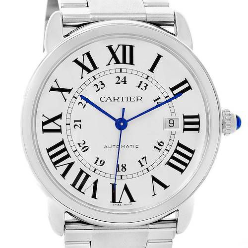 The image shows a frontal view of the Cartier Ronde W6701011 Men's Stainless Steel Silver Dial W6701011 Men's Stainless Steel Silver Dial model watch, highlighting its Roman numeral dial and blue hands.