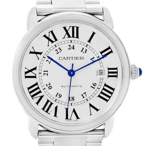 The Cartier Ronde W6701011 Men's Stainless Steel Silver Dial W6701011 Men's Stainless Steel Silver Dial watch is shown from the front, displaying the face, hands, Roman numerals, and date window.
