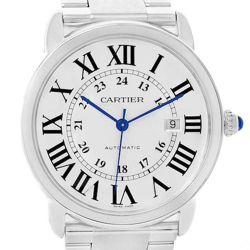 The image shows a front view of a Ronde model by Cartier, highlighting the dial, hands, and part of the bracelet.