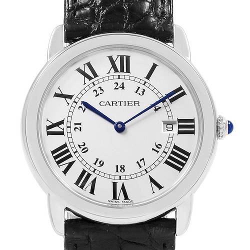 This image shows a straight-on view of the Cartier Ronde W6700255 Stainless Steel Silver Dial W6700255 Stainless Steel Silver Dial watch, including the face, Roman numerals, blue hands, crown, and black leather strap.