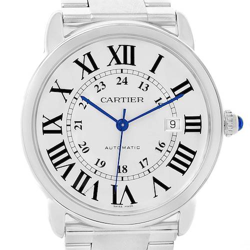 The image shows a front view of the Cartier Ronde W6701011 Men's Stainless Steel Silver Dial W6701011 Men's Stainless Steel Silver Dial model watch, featuring its dial, hands, bezel, and part of the bracelet.
