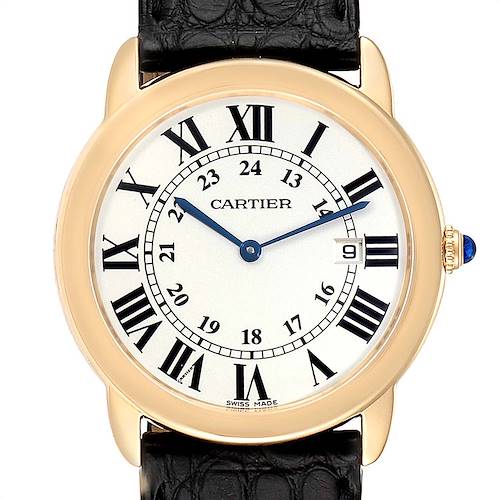 The image shows a front-facing view of a Cartier Ronde W6700455 Men's Steel and Gold (two tone) Silver Dial W6700455 Men's Steel and Gold (two tone) Silver Dial watch featuring a leather strap, gold case, Roman numerals, and a date window.