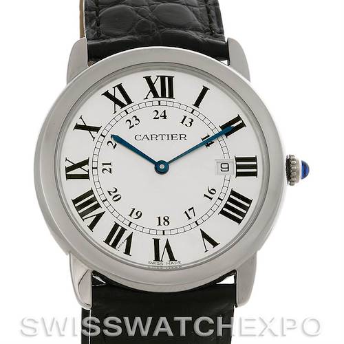 This image shows the full dial and bezel of the Cartier Ronde W6700255 Men's Stainless Steel Silver Dial W6700255 Men's Stainless Steel Silver Dial model watch, including the leather strap and crown.