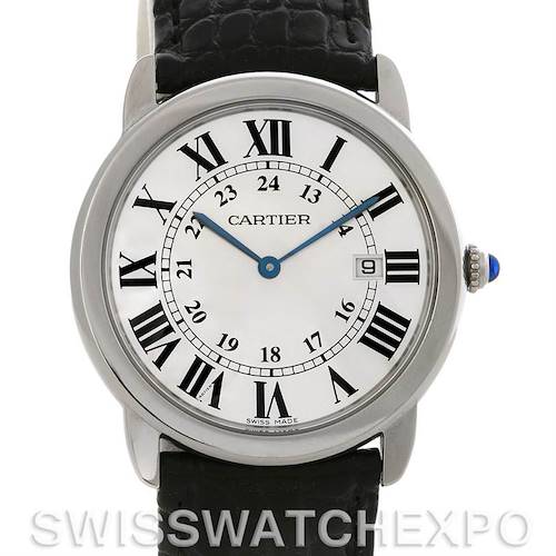 The image shows a front view of the Cartier Ronde W6700255 Men's Stainless Steel Silver Dial W6700255 Men's Stainless Steel Silver Dial watch, displaying the dial, Roman numerals, blue hands, date window, and part of the leather strap.
