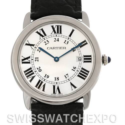 This image shows the front view of the Cartier Ronde W6700255 Men's Stainless Steel Silver Dial W6700255 Men's Stainless Steel Silver Dial watch, displaying the dial, hands, date window, and part of the strap.