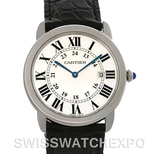 This image shows a frontal view of the Cartier Ronde W6700255 Men's Stainless Steel Silver Dial W6700255 Men's Stainless Steel Silver Dial watch, featuring its face, strap, crown, and casing.