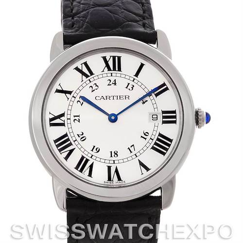 This image shows a front view of a Cartier Ronde W6700255 Men's Stainless Steel Silver Dial W6700255 Men's Stainless Steel Silver Dial watch, highlighting its face, bezel, crown, and part of the strap.